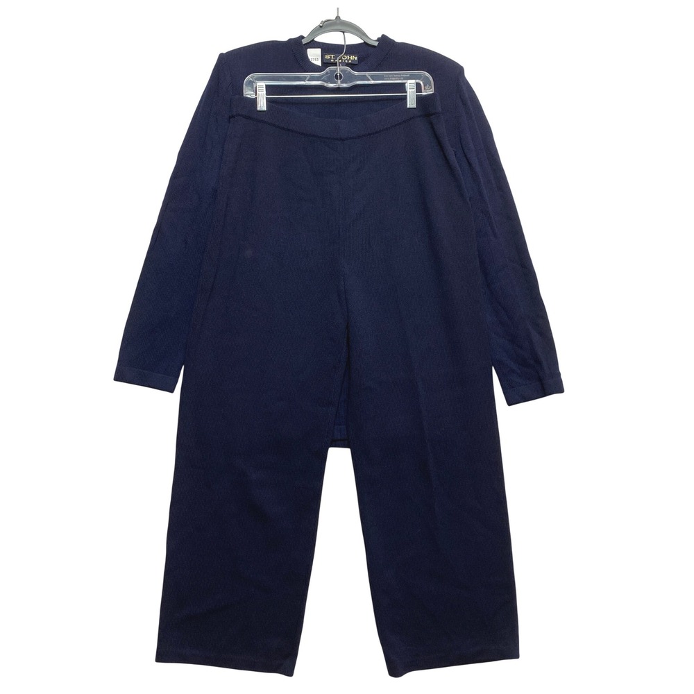 St. John Pant Set Womens L Navy Basics Santana Knit Textured Crewneck 2pc